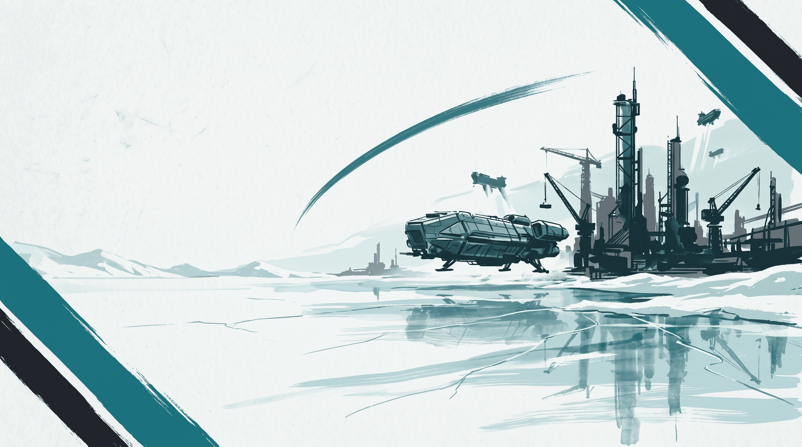 Ink-wash drawing of a heavy freighter landing at an ice-bound industrial port, cranes and towers reflected in the frozen sea.